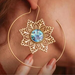 Elegant Gold and Blue Floral Hoop Earrings